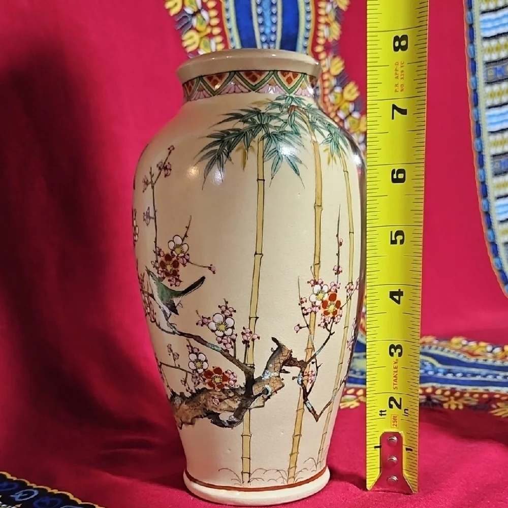 VTG Japanese Shinkozan Satsuma Handpainted Crackle Glaze Vase Birds/Blossoms #1